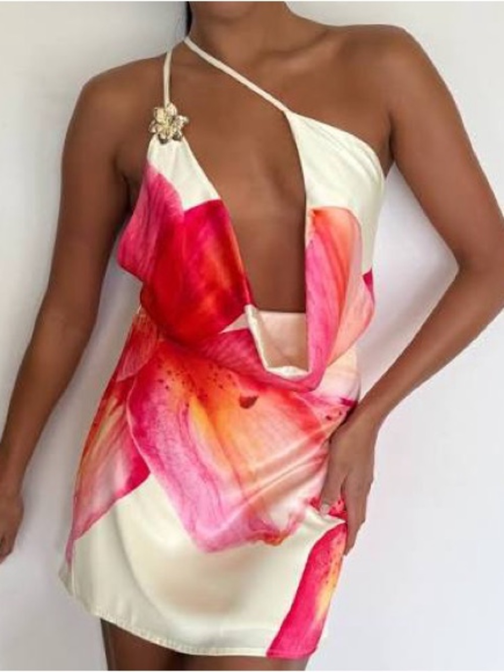 PepperMayo Pink and Cream One-Shoulder Floral Mini Dress